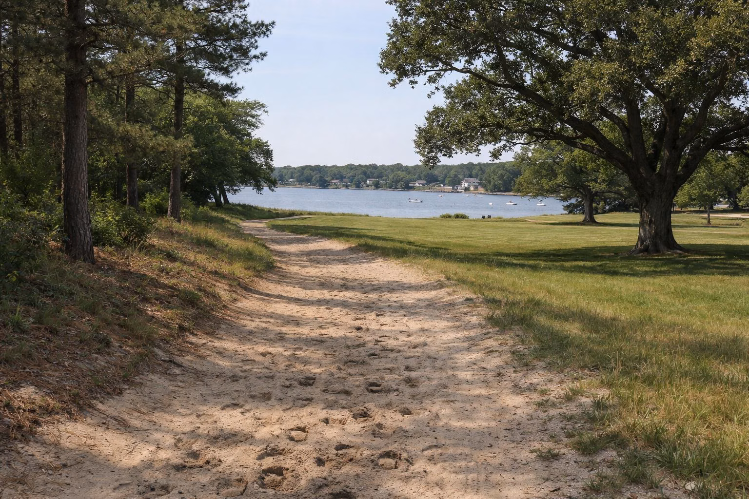 Sandy bridle trail along a lawn with the bay beyond