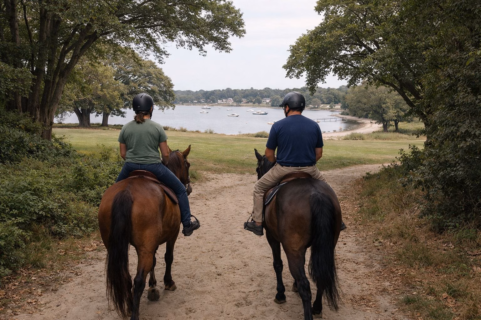 Two riders on horseback seen from behind on a woodland trail