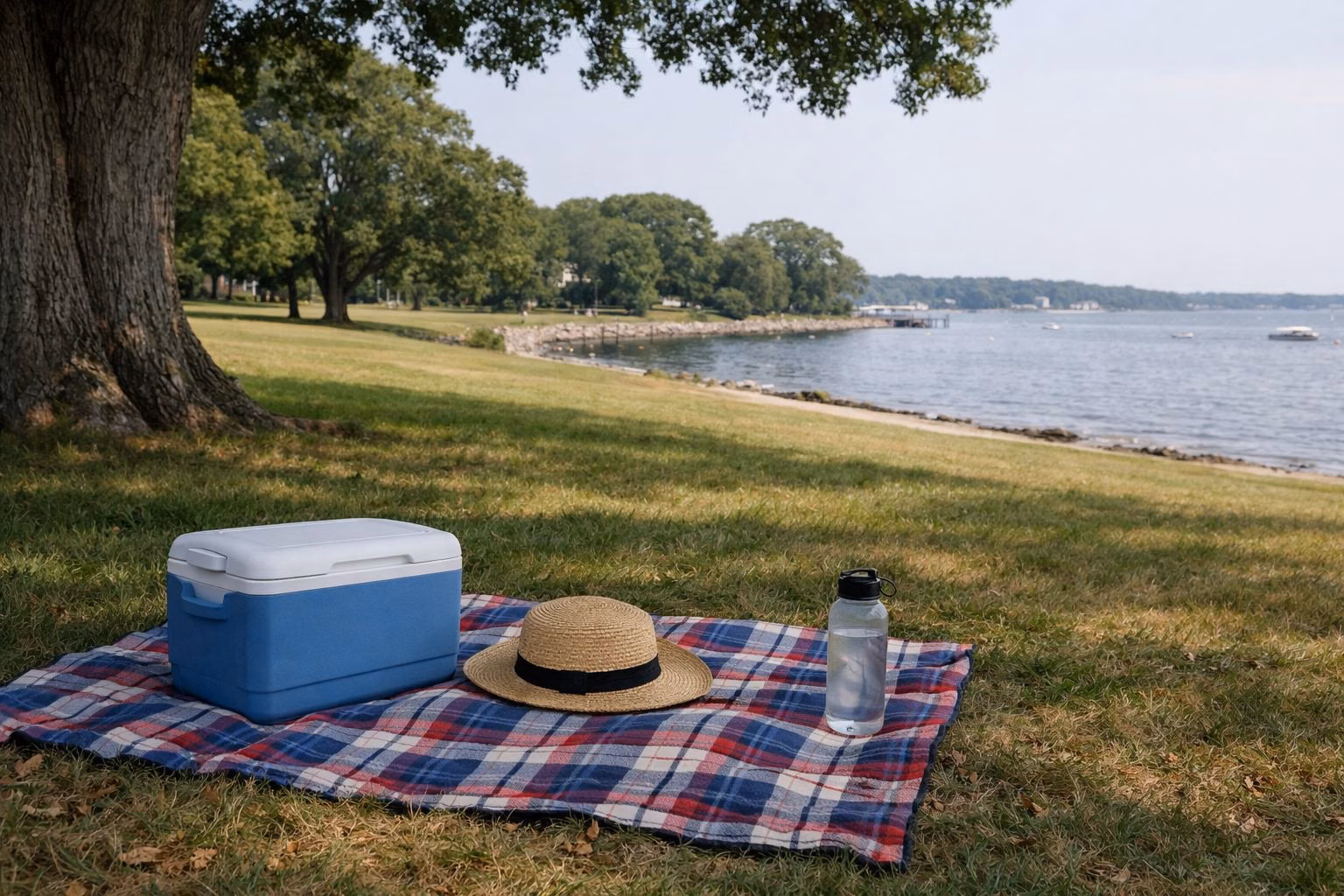 Picnic blanket in the shade above the water